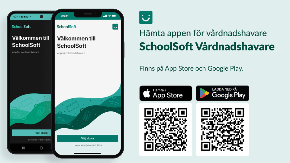 SchoolSoft appen för föräldrar samt QR-kod för nedladdning