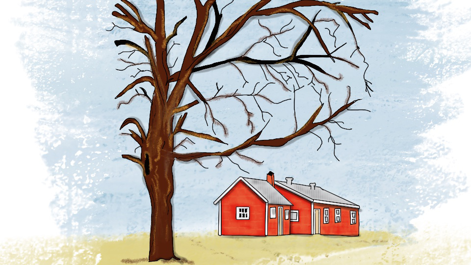 Illustration av en byggnad på landsbygden, ett rött hus med vita knutar. 